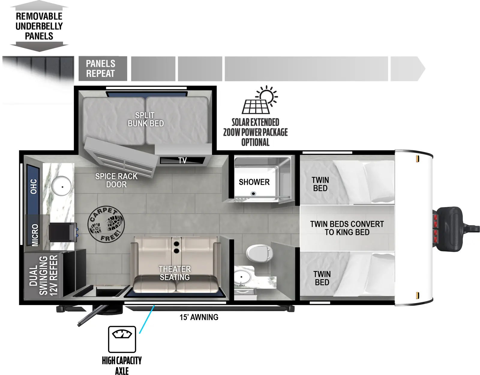 The Wildwood FSX 165VIEW floorplan has one entry and one slide out. Exterior features include: metal exterior. Interiors features include: bunk beds, rear kitchen, front bedroom and pass through bathroom.